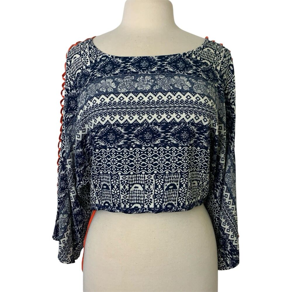 THML Size S Cropped Top Geo Print Open Lattice Sleeve Tie Waist Blue Orange Boho